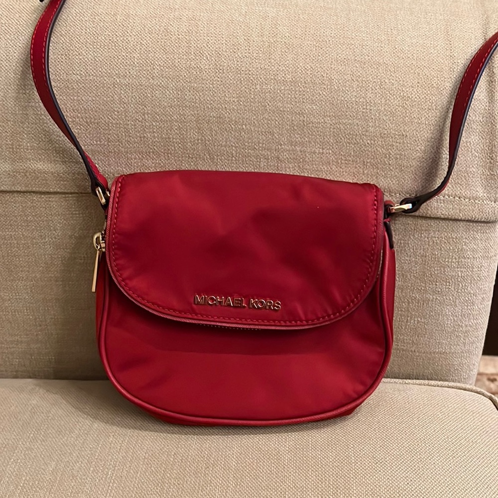 Michael Kors Red Satin Crossbody with gold hardware and magnetic closure.